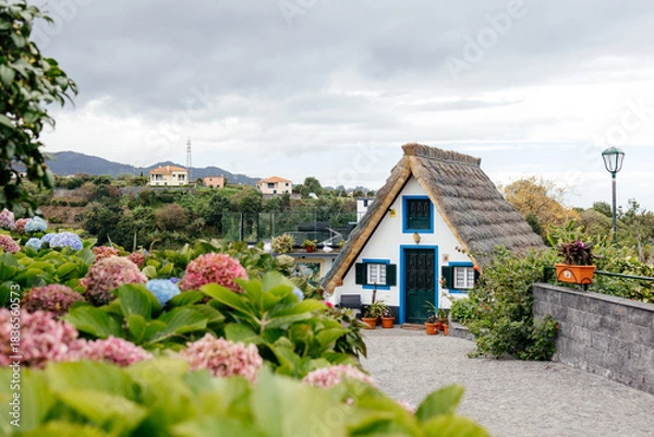 Obraz Charming thatched-roof cottage surrounded by vibrant flowers and greenery, nestled in a picturesque landscape with distant hills and cloudy sky, evoking a serene countryside atmosphere