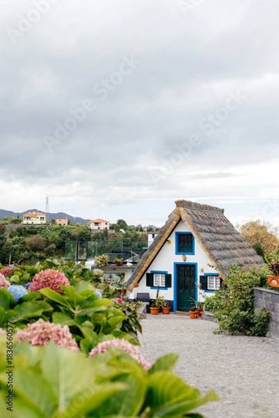 Obraz Charming thatched-roof cottage surrounded by vibrant flowers and greenery, set against a cloudy sky, showcasing a picturesque rural landscape and inviting atmosphere