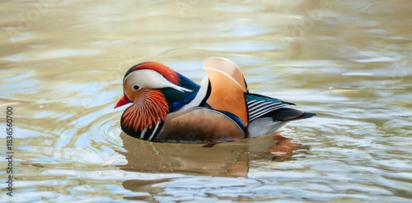 Obraz Colorful mandarin duck swimming gracefully in tranquil water, showcasing vibrant plumage and intricate patterns, reflecting nature's beauty and serenity in a peaceful environment