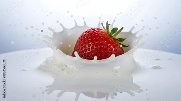 Fototapeta A fresh, ripe strawberry splashes into white milk creating a crown shape in a highspeed photograph against a light background