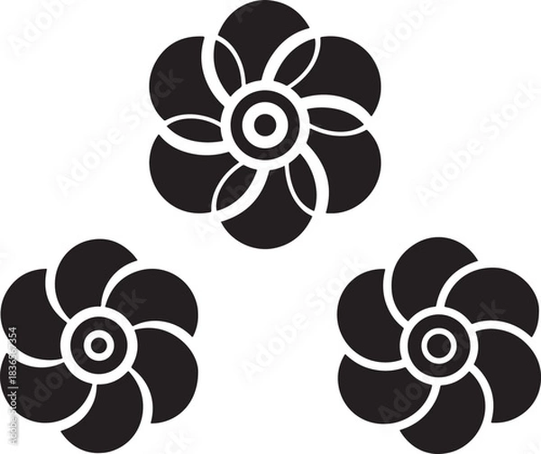 Obraz Three stylized black and white floral motifs with circular centers and curved petals isolated on a white background