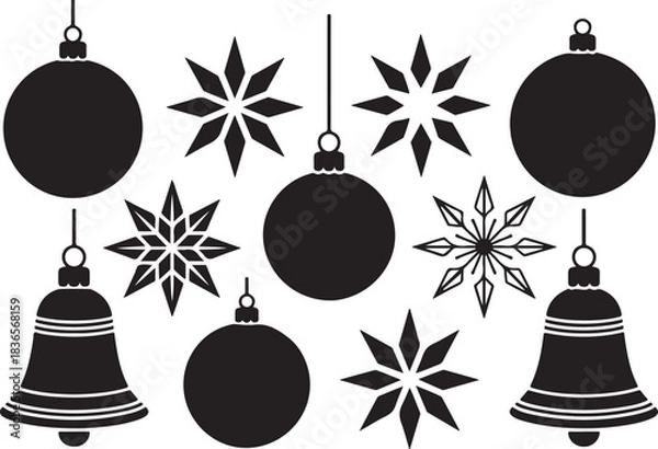 Obraz Collection of black silhouette christmas ornaments including baubles snowflakes and bells isolated on white background