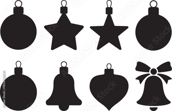 Obraz Collection of eight black silhouette christmas ornaments including baubles stars bells and a bow on a white background