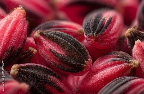 Fototapeta Extreme macro of textured pink and black seeds, showing fine surface details, bold colors, and intricate natural patterns suitable for food, nature, or abstract backgrounds.