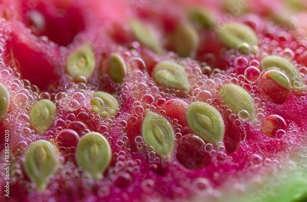 Fototapeta Macro close-up of vibrant pink fruit flesh with green seeds and sparkling bubbles, capturing fresh texture, moisture, and vivid natural details in high definition