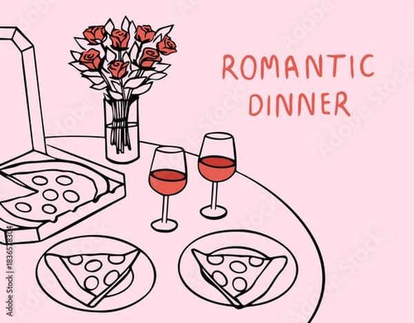 Obraz Romantic dinner poster, banner or placard with pizza. Served table for two, couples, lovers in restaurant or home in ink style.