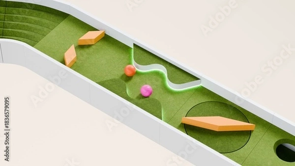 Fototapeta Mini golf theme marble race. Golf course marble run. Golf ball ball race. 3d Rendering