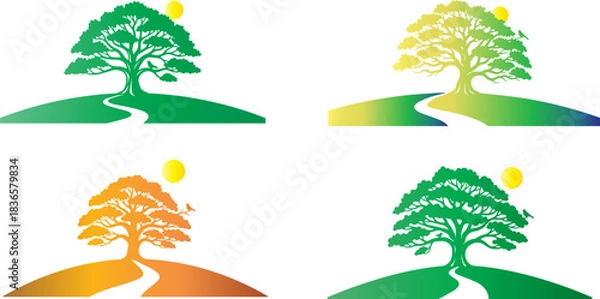 Fototapeta Four variations of a tree landscape logo with a sun on a black background