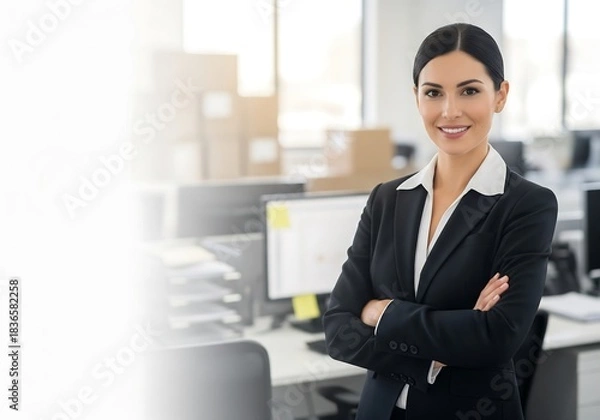 Obraz Confident businesswoman ready for success, smiling in a modern, bright office space with arms crossed, showcasing leadership and professional expertise