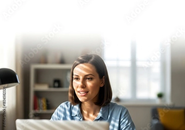 Obraz Dedicated woman working remotely in a sunlit home office, focused on her laptop screen, creating a modern and productive workspace vibe for digital entrepreneurs