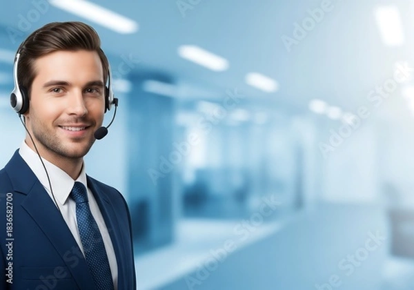 Obraz Friendly call center agent with headset ready to assist clients in modern office environment offering premium customer service solutions now