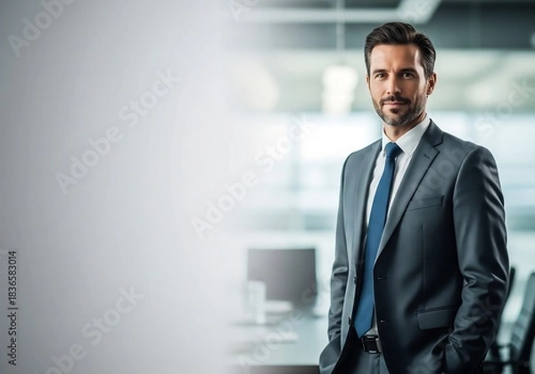 Obraz Sharp, professional businessman in a modern suit projects confidence and success, ideal for corporate branding and leadership campaigns looking for impact