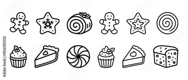 Obraz Outline of festive holiday desserts and cookies collection