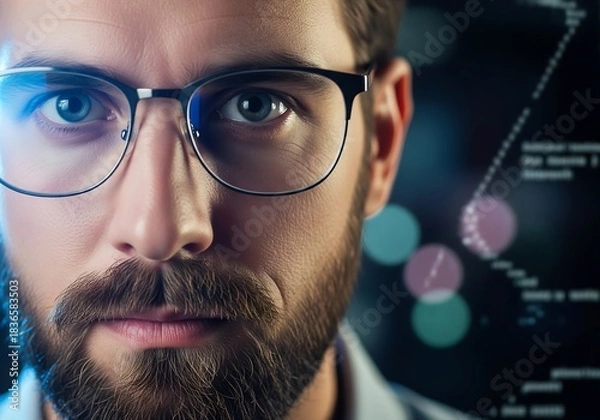 Obraz Intense gaze of a data scientist analyzing complex algorithms for cutting edge research in modern technology, showcasing expertise and innovation in AI