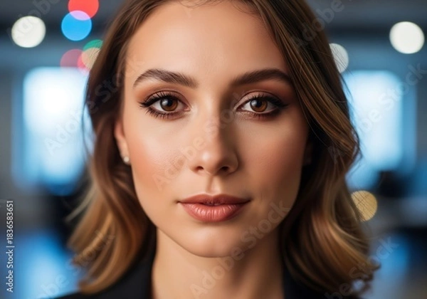 Obraz Elegant woman with captivating eyes and flawless skin looking directly at the camera, perfect for beauty and skincare campaigns, conveying trust and confidence