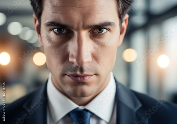 Obraz Intense gaze of a confident business leader in a modern office, radiating ambition and success, perfect for corporate branding and leadership content