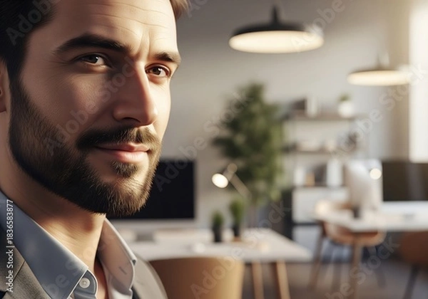 Obraz Confident businessman with a modern beard looking ahead, ready for success in a bright office space with plants and natural light, a symbol of leadership