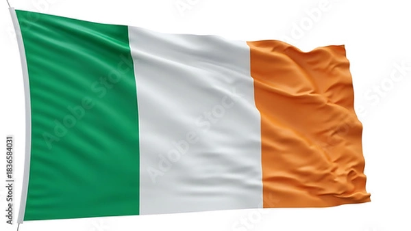 Obraz A waving flag of ireland with green white and orange stripes on a white isolated background view image