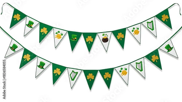 Obraz St patrick's day banner with green and white triangle flags featuring clovers hats and harps decor