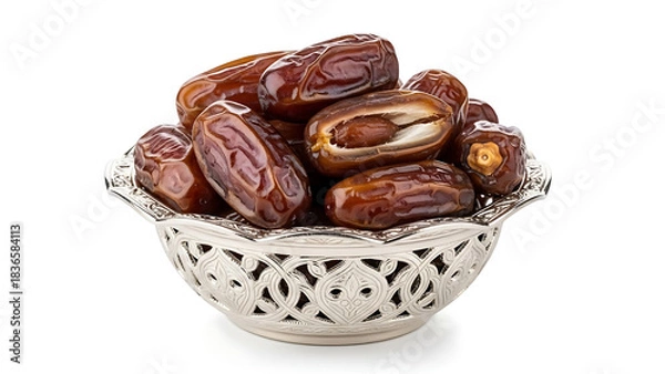 Obraz A silver bowl filled with medjool dates on a white background in a studio shot with good lighting