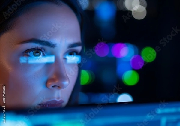 Obraz Intense focused woman analyzes futuristic glowing data overlays in dark server room environment