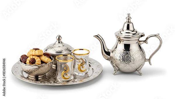 Obraz Silver tea set with teapot glasses and cookies on a tray for a festive occasion celebration event