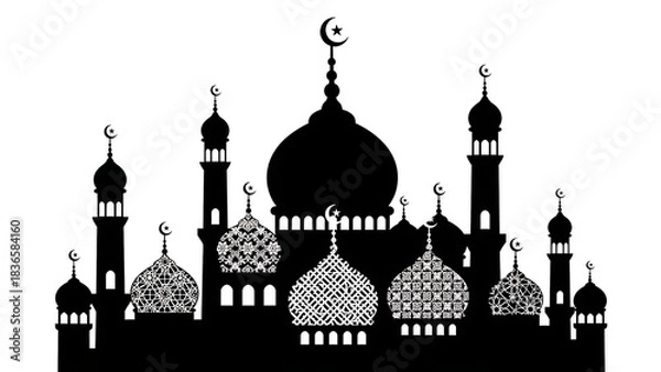 Obraz Silhouette illustration of a mosque with domes and crescent moon symbols in black and white design
