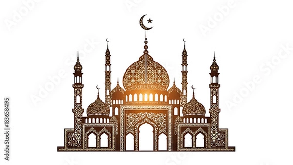 Obraz Ornate islamic mosque silhouette with crescent moon and star against a white background design element
