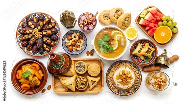 Obraz Overhead view of a variety of middle eastern dishes served on a white surface for a festive meal