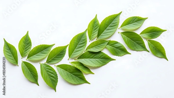 Obraz Arrangement of fresh green leaves scattered on a clean white surface in a studio setting top view