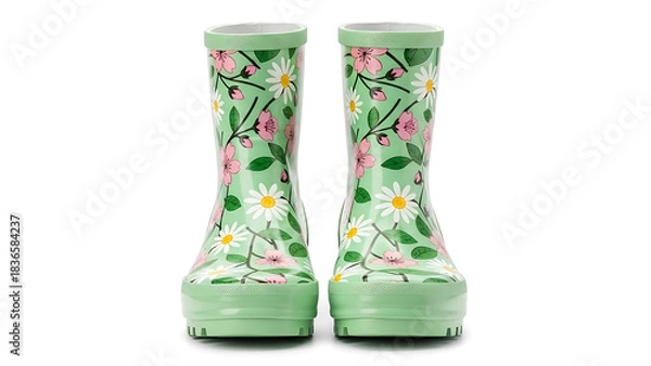 Obraz Front view of pair of light green rain boots decorated with pink and white floral patterns on white background