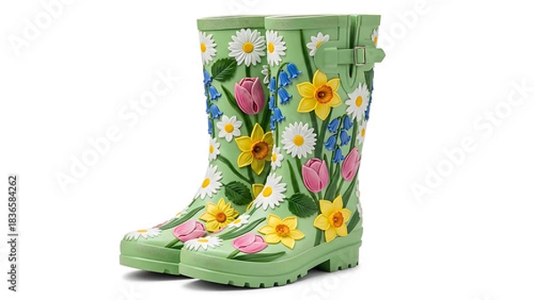 Obraz A pair of light green rain boots decorated with flowers on a white background in a studio shot