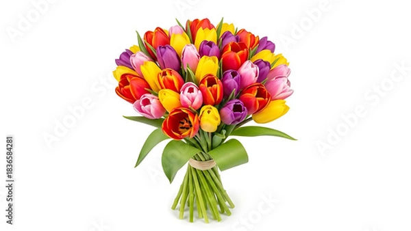Obraz A vibrant bouquet of tulips in various colors isolated on a clean white background in a studio shot
