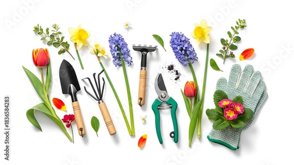 Obraz Overhead view of gardening tools and spring flowers on a white background arranged neatly together