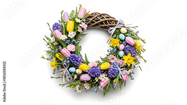 Obraz A floral wreath with tulips daffodils hyacinths and easter eggs on a white background in studio shot