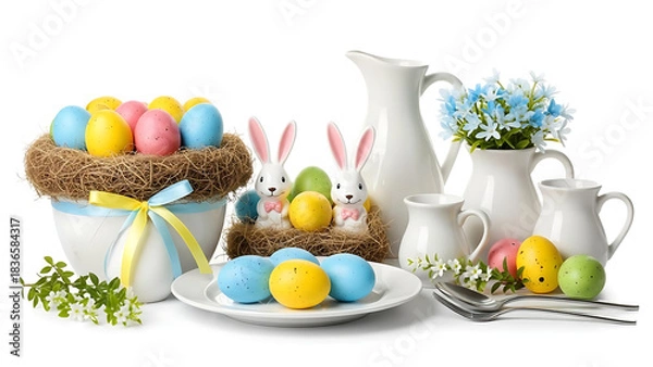 Obraz Easter display with colorful eggs bunnies and white pitchers arranged on a white background