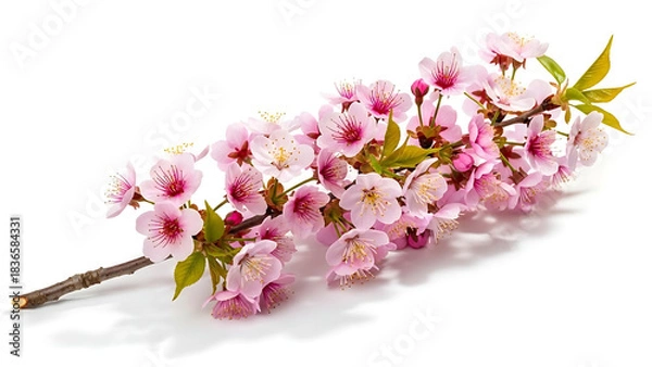 Obraz A delicate branch of cherry blossoms with pink petals against a pristine white background creating a soft look
