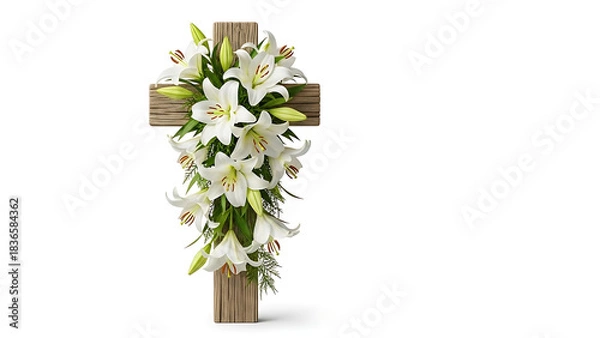 Obraz Wooden cross adorned with cascading white lilies on a stark white background in a studio shot