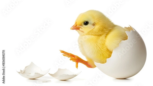 Obraz A yellow chick emerging from a cracked white egg with shell fragments against a white background