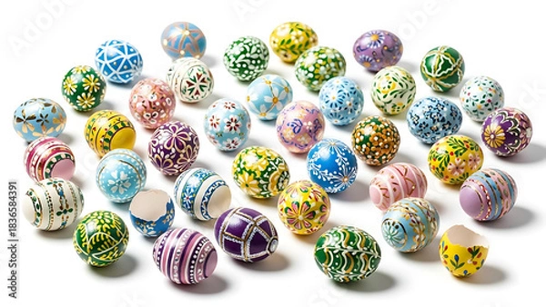 Obraz Assortment of easter eggs with various painted designs displayed on a white surface in a studio shot