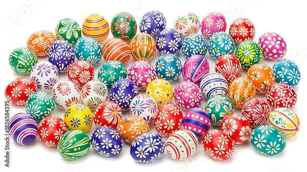 Obraz Collection of brightly colored easter eggs with floral and striped designs on a white background