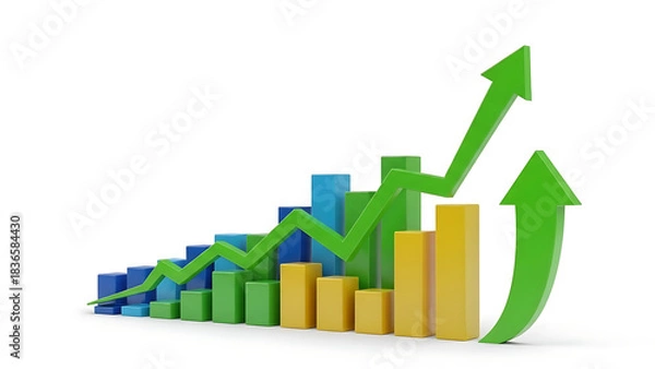 Obraz Colorful bar graph with upward trending green arrows on a white background showing growth trend