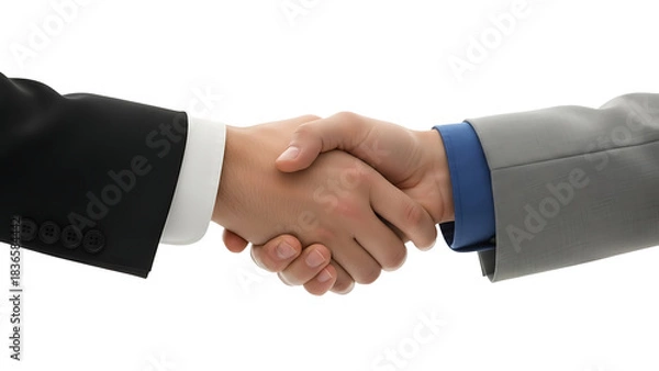Obraz A close up of two people shaking hands wearing suits on a white background in a studio shot