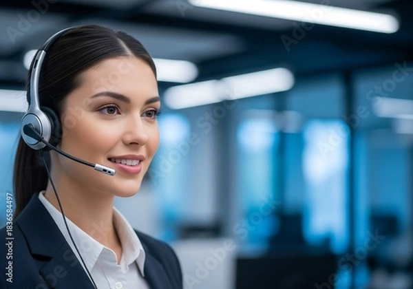 Obraz Smiling professional customer support agent wearing a headset ready to assist clients in a modern, bright office environment