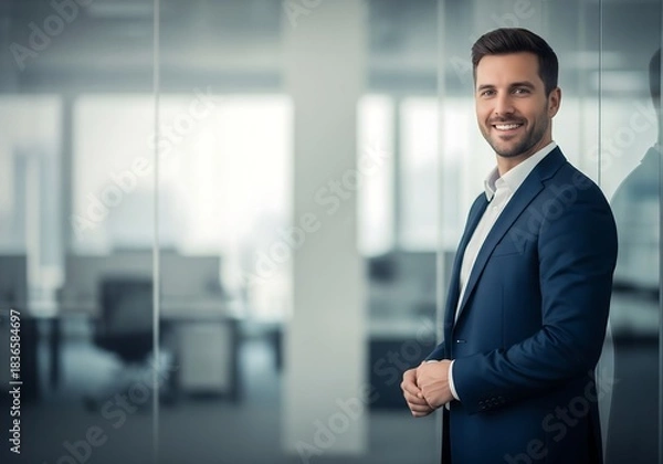 Obraz Confident young businessman in sharp navy suit smiling warmly while leaning against glass wall in modern office setting