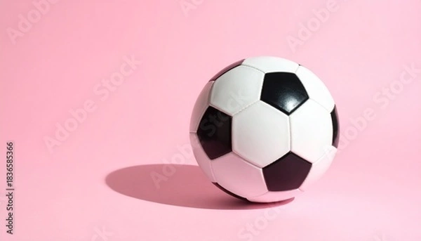 Fototapeta "Classic black and white soccer ball on smooth pink surface with pink background."