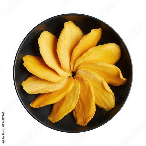 Obraz Dried mango slices arranged in a circular pattern on a dark plate