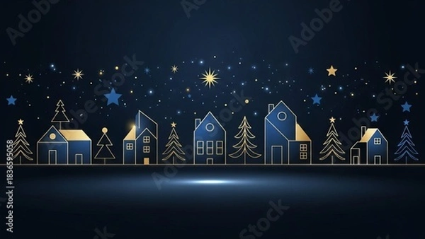 Fototapeta Christmas and Happy New Year greeting banner with Gold and Blue Line-Art Trees and Houses on Dark Winter Background , Elegant Holiday Illustration