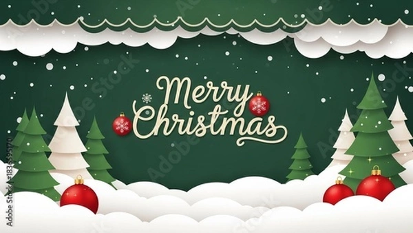 Fototapeta  green Merry Christmas and Happy New Year greeting card header banner in paper art style with Green Background, Snowy Paper-Cut Trees, and Festive Typography for Holiday Greeting Designs