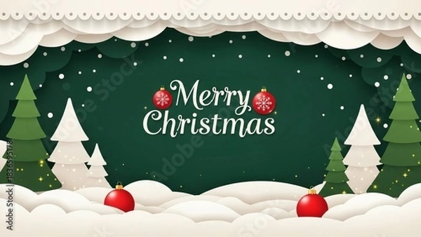 Fototapeta  green Merry Christmas and Happy New Year greeting card header banner in paper art style with Green Background, Snowy Paper-Cut Trees, and Festive Typography for Holiday Greeting Designs